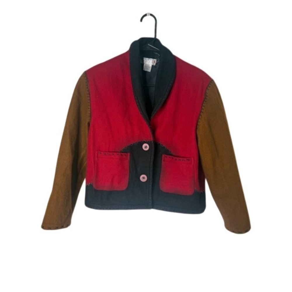 Sandy Starkman Vintage Wool Blend Colorblock Blanket Stitch Jacket Red Black M
